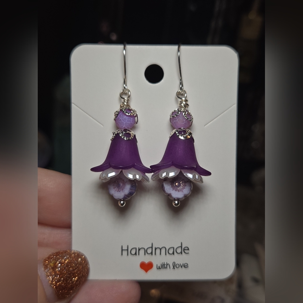Whimsical Handmade Purple Lucite & Czech Glass Flower Fairy Earrings Just Made!